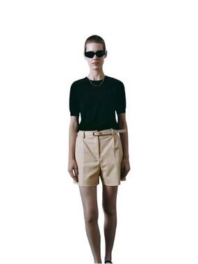 Zara Beige High-Waist Pleated Bermuda Shorts